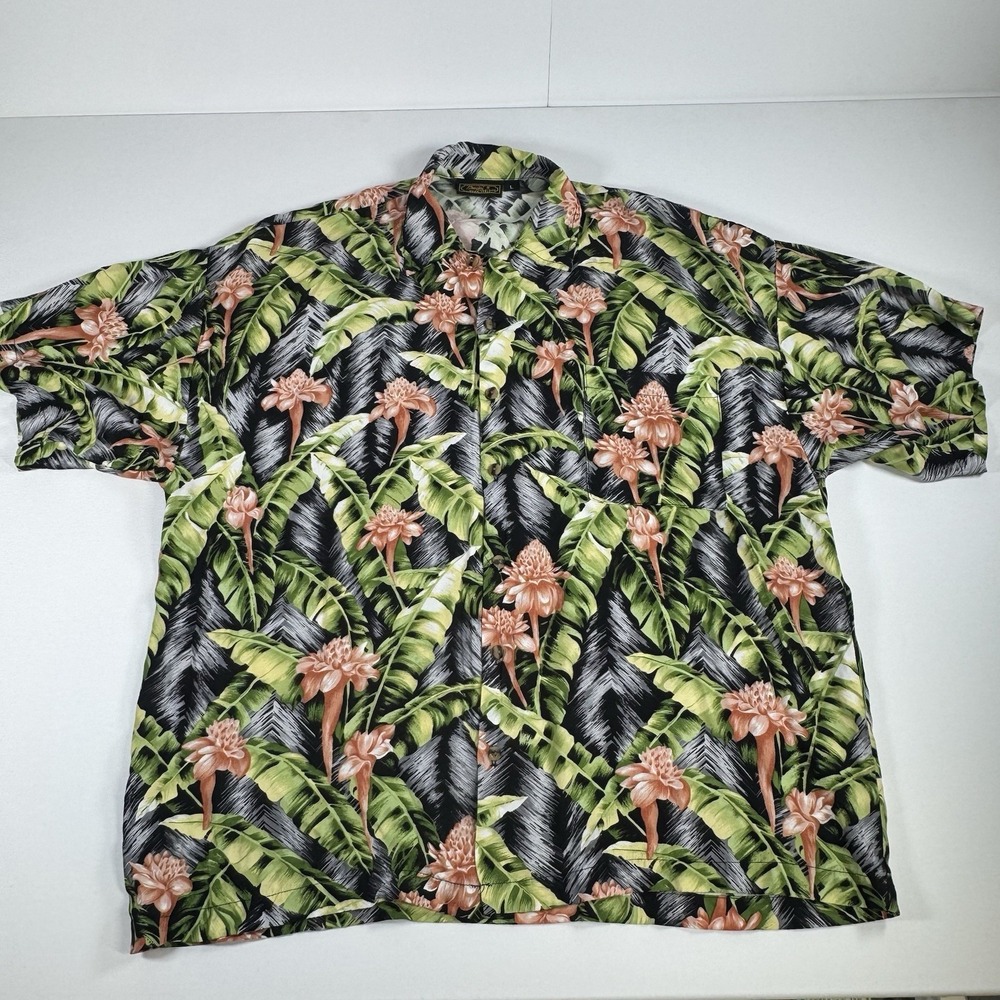 Mango Collection L Hawaiian Aloha Shirt 100% Rayon Tropical Banana Leaf Camp